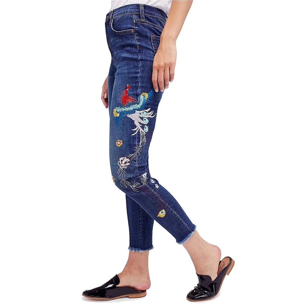 Free People Phoenix Embroidered Cropped Jeans Blue Raw Hem 28